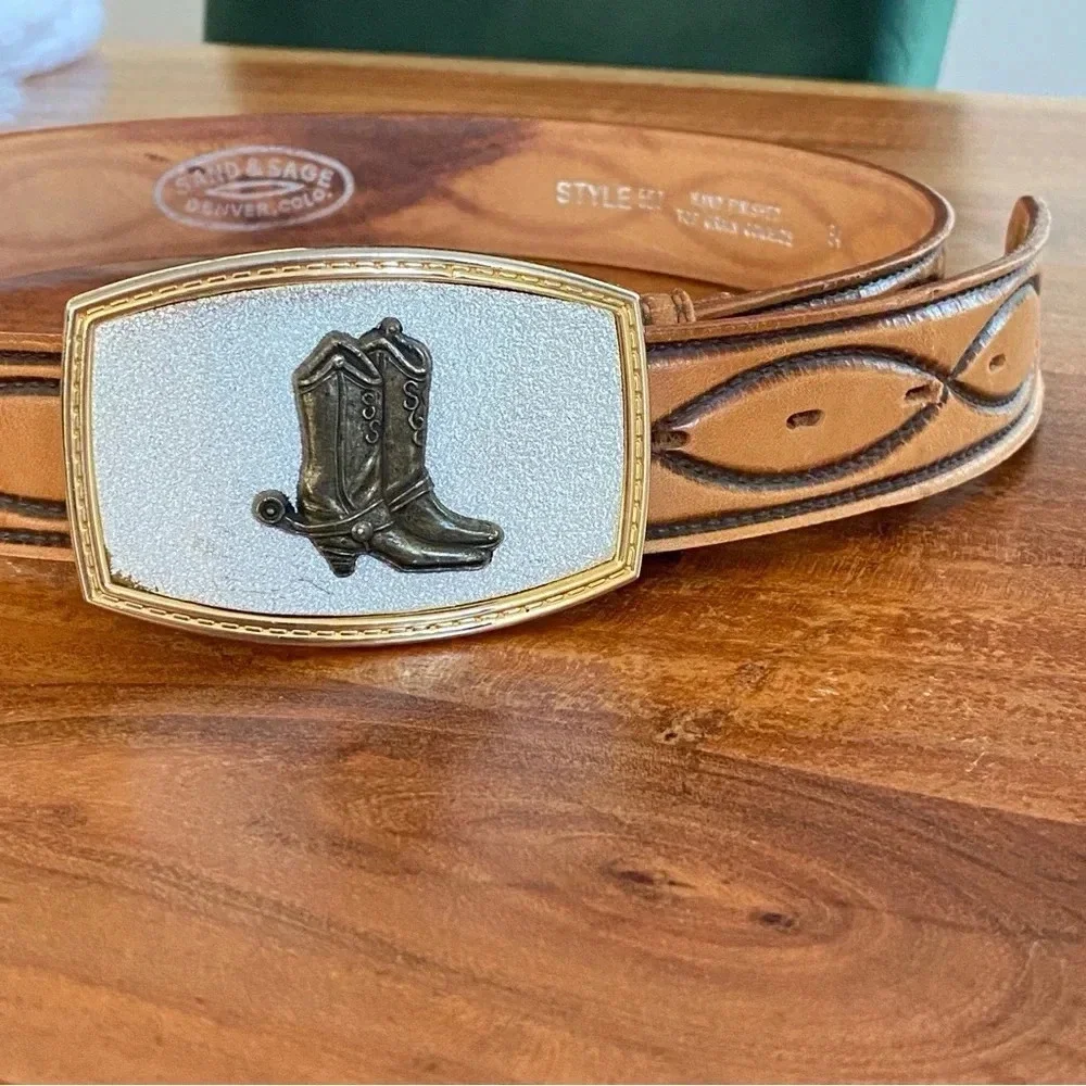 Sand & Sage Leather Cowboy Belt with Large Buckle Size 34 Hand finished
